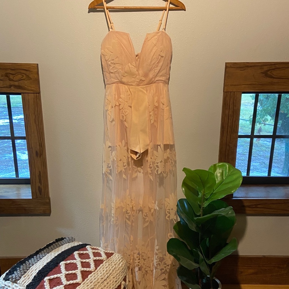 Peach romper with lace duster length lace skirt